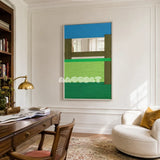 Riverside RE006 blue and green textile mirror wall art styled as a functional focal point in a contemporary room.