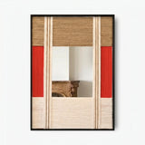 Front view of The Sun Always Rises RE009 colorful geometric textile mirror art in a sleek frame on a white background.