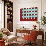 Malèna: A Sicilian Beauty RE013 geometric textile wall art styled as a dramatic Mediterranean focal point in a contemporary room.