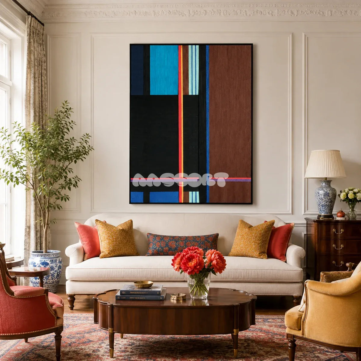 Blue Tide Night RE015 framed textile art with royal blue, dark brown, black, and red geometric yarn blocks displayed in a modern interior.