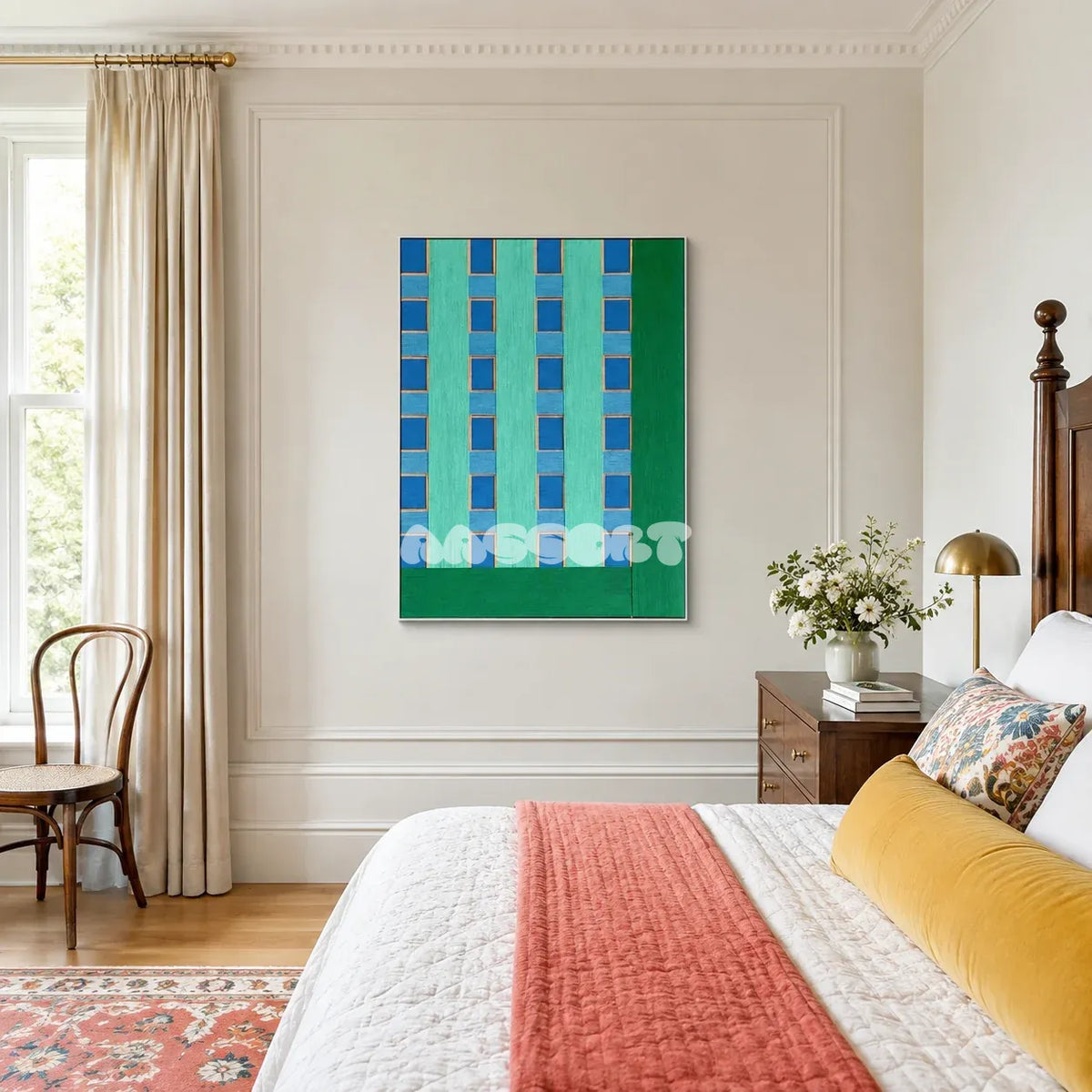 Endless Summer in Hawaii RE017 framed textile art with seafoam green, royal blue, forest green, and warm accent yarn displayed in a tropical interior.