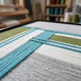 Angled close-up of Silent Stream RE023 textile art highlighting its intricate soft cotton cord and layered geometric texture.