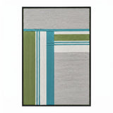 Front view of Silent Stream RE023 white, gray, teal, and sage geometric textile wall art in a black frame on a white background.