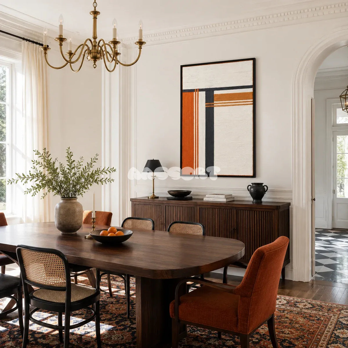 Sunset Construct RE024 orange and charcoal geometric textile wall art styled as a warm architectural focal point in a contemporary room.