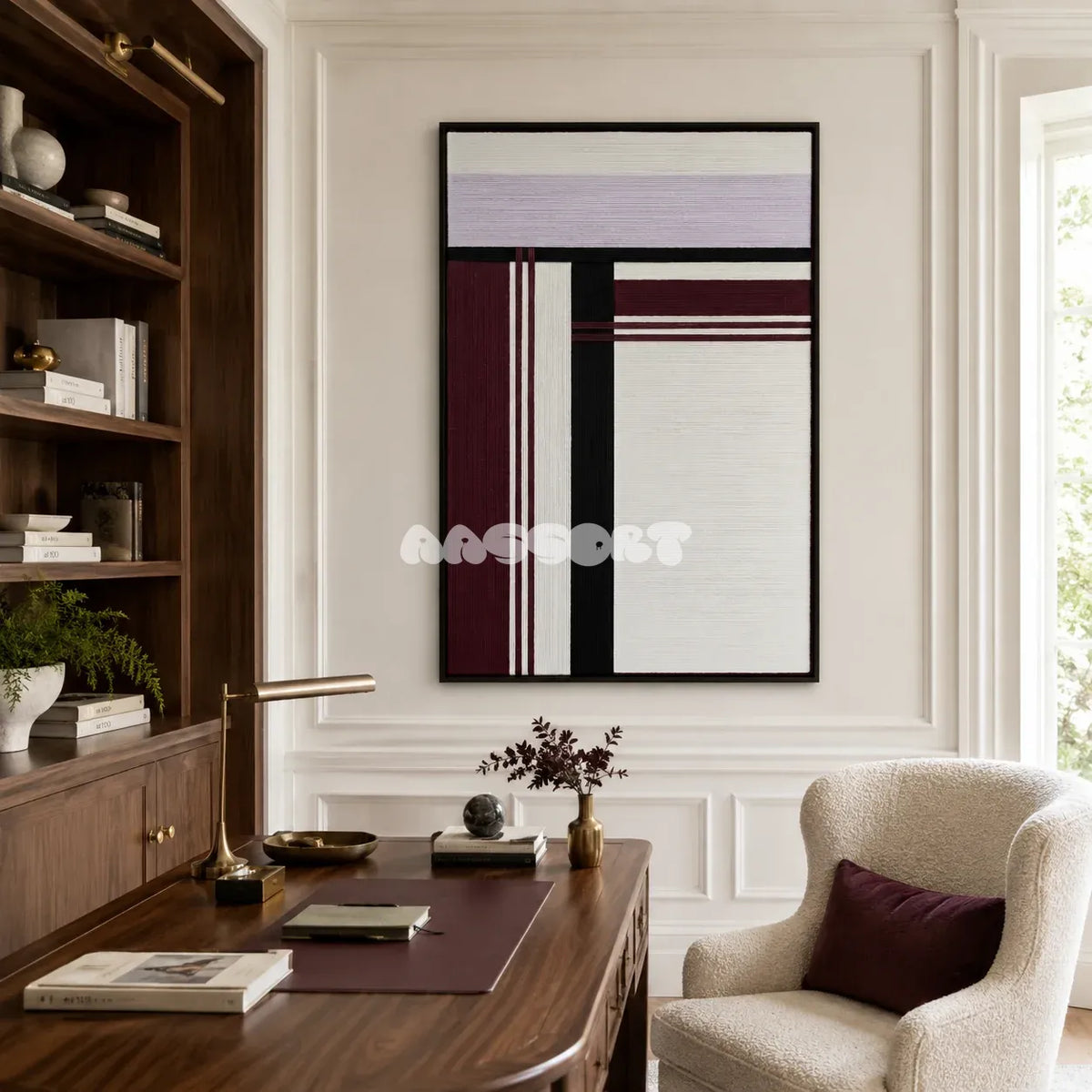 Midnight Opera RE025 framed textile art with white, lavender, deep burgundy, and black geometric yarn displayed in a sophisticated interior.
