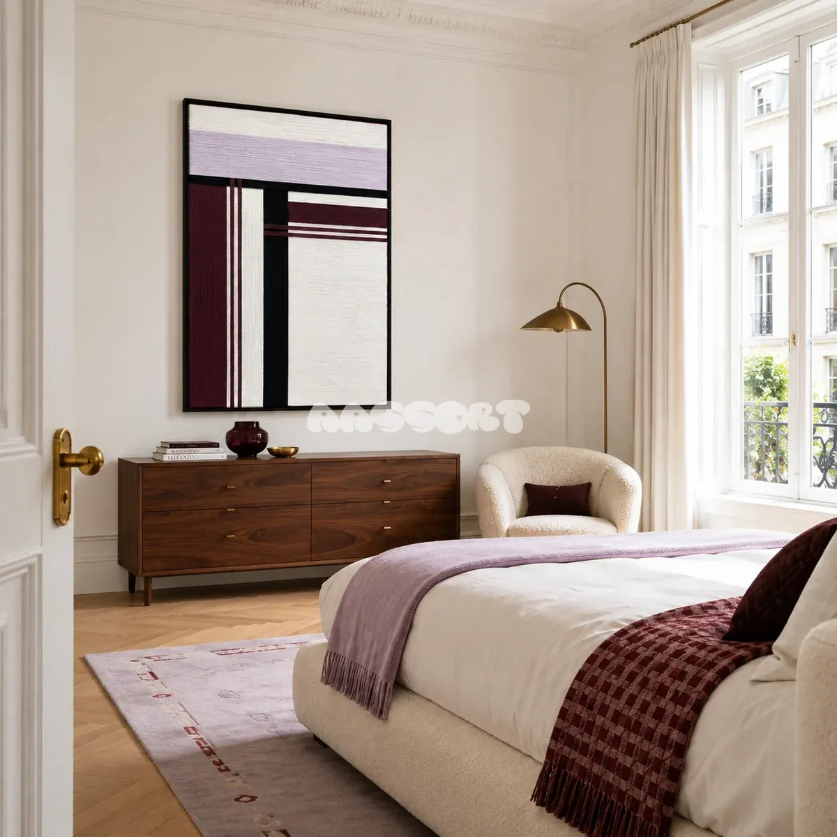 Midnight Opera RE025 lavender and burgundy geometric textile wall art styled as a dramatic focal point in a contemporary room.
