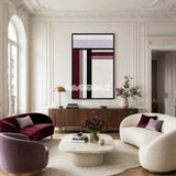 Midnight Opera RE025 framed fiber artwork featuring white, lavender, wine-red, and black yarn structures in a modern interior.