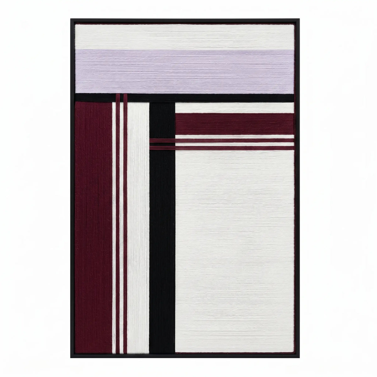 Front view of Midnight Opera RE025 white, lavender, burgundy, and black textile wall art in a black frame on a white background.