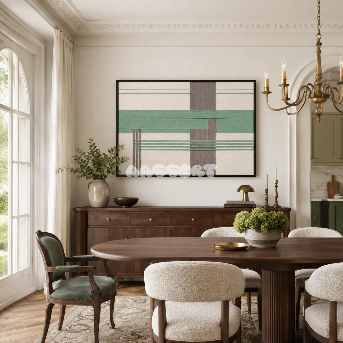 Sage Crossing RE027 framed textile art with warm ivory, sage green, muted taupe, and gray geometric yarn displayed in a modern interior.