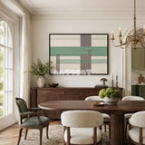 Sage Crossing RE027 framed textile art with warm ivory, sage green, muted taupe, and gray geometric yarn displayed in a modern interior.