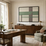 Sage Crossing RE027 abstract textile artwork with balanced architectural bands presented in a stylish contemporary interior.