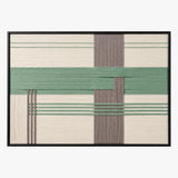 Front view of Sage Crossing RE027 green, gray, and ivory geometric textile wall art in a black frame on a white background.