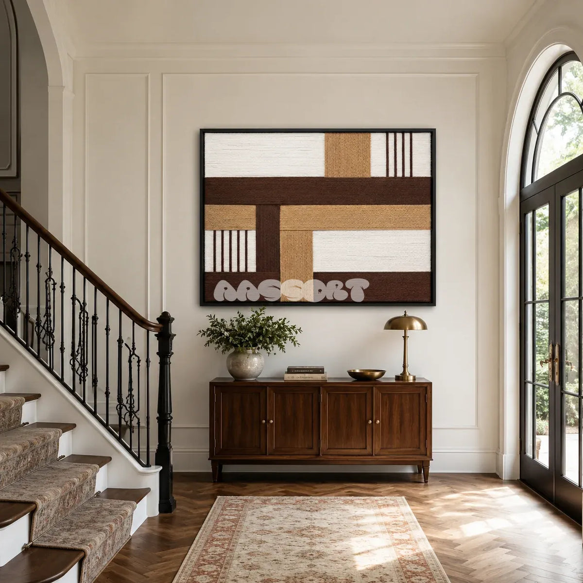 Cocoa Loom RE029 framed textile art with white, cocoa brown, golden wheat, and warm tan geometric yarn displayed in a mid-century interior.