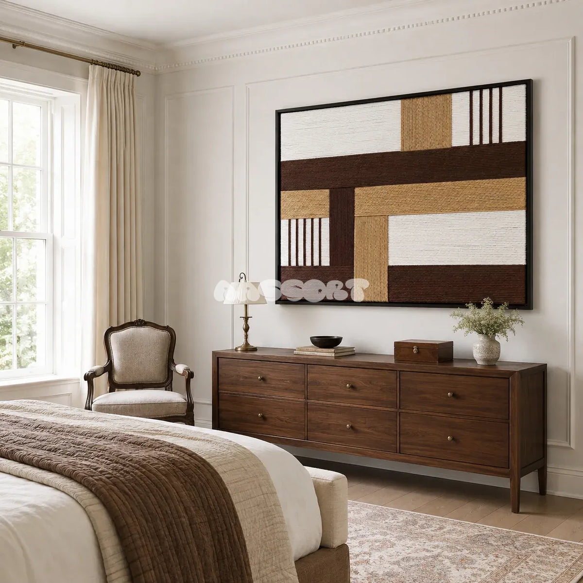 Cocoa Loom RE029 framed fiber artwork featuring white, cocoa brown, wheat, and tan yarn blocks in a modern interior.