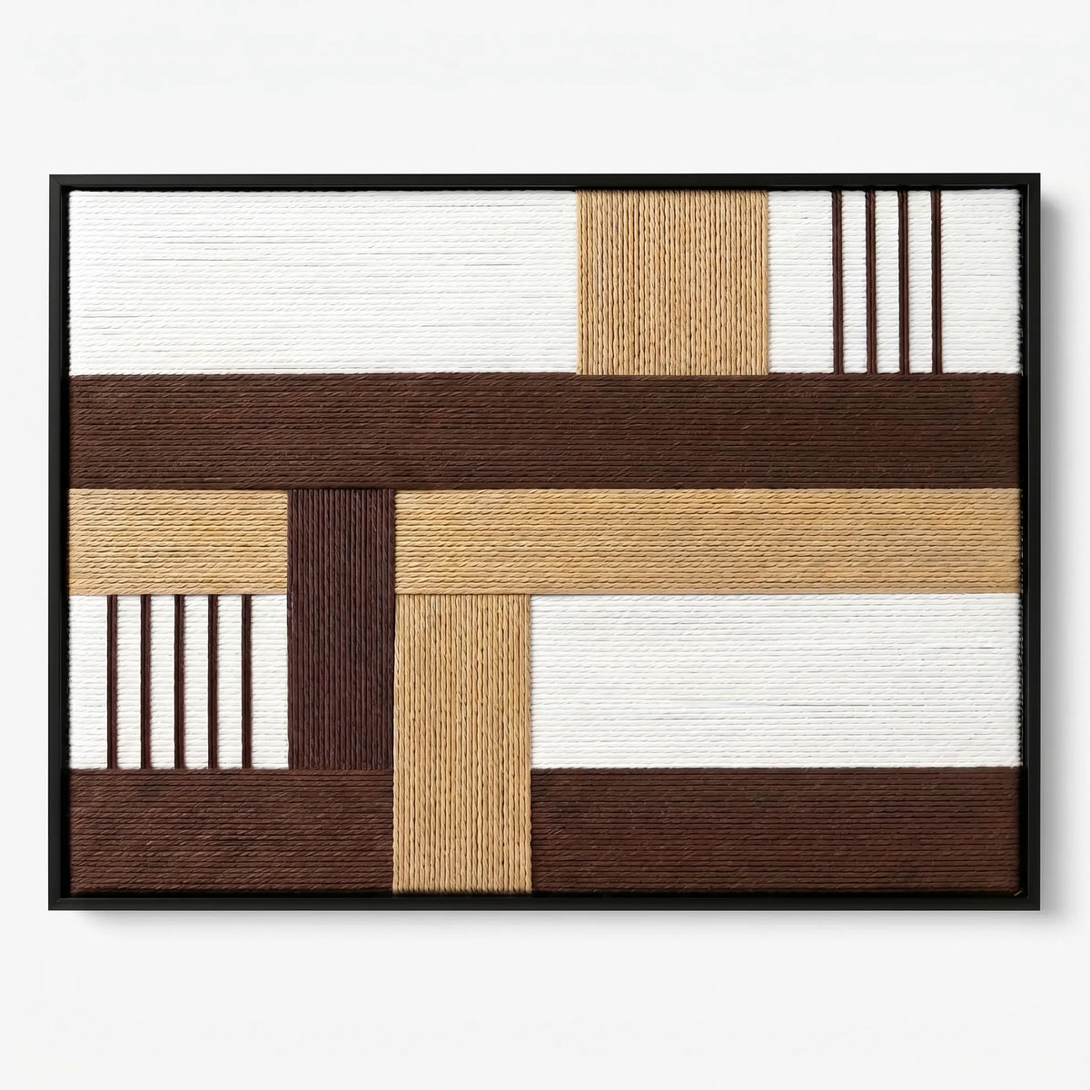 Front view of Cocoa Loom RE029 brown, beige, and white geometric textile wall art in a black frame on a white background.