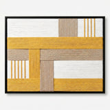 Front view of Golden Interval RE030 yellow and beige geometric textile wall art in a black frame on a white background.