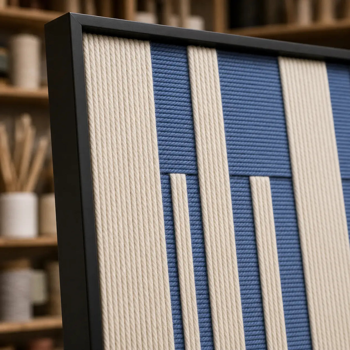 Angled close-up of Blue Cadence RE031 textile art showing its black frame and dimensional blue and ivory yarn texture.