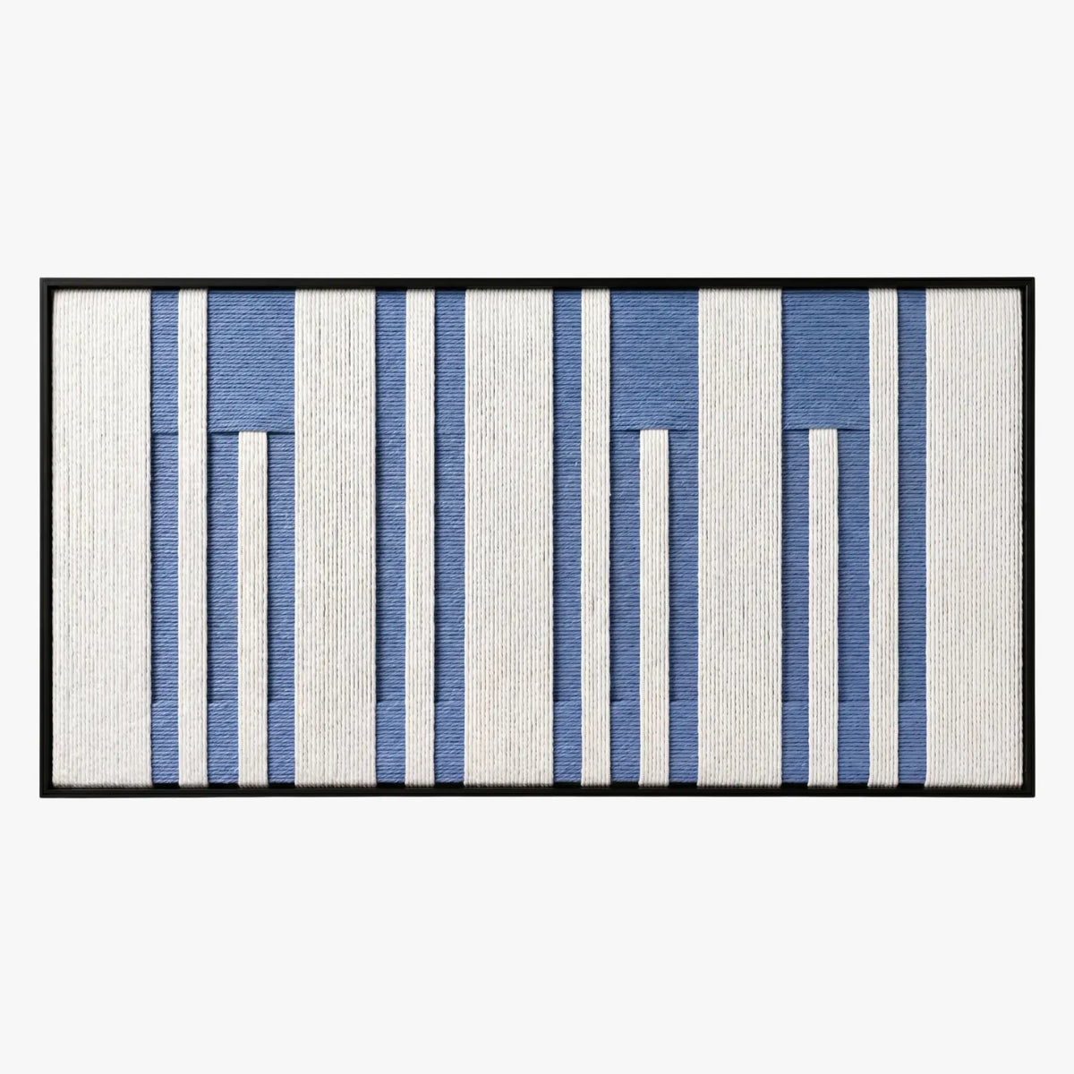 Front view of Blue Cadence RE031 blue and ivory striped textile wall art in a black frame on a white background.