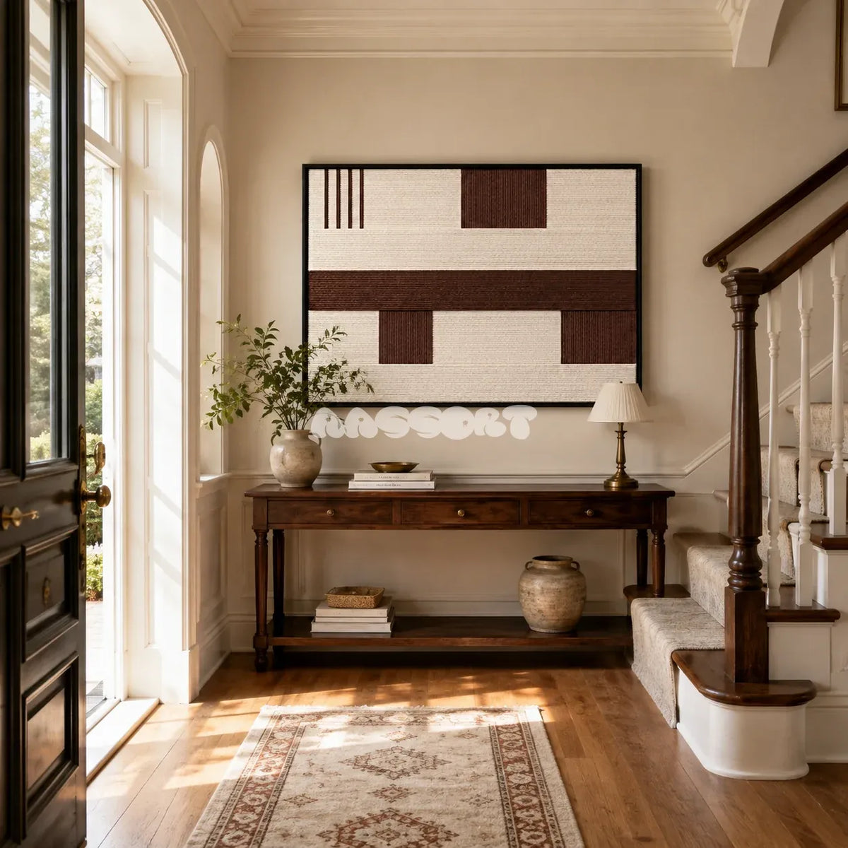 Cocoa Horizon RE032 panoramic framed textile art with cream ivory and cocoa brown geometric yarn displayed in a warm modern interior.