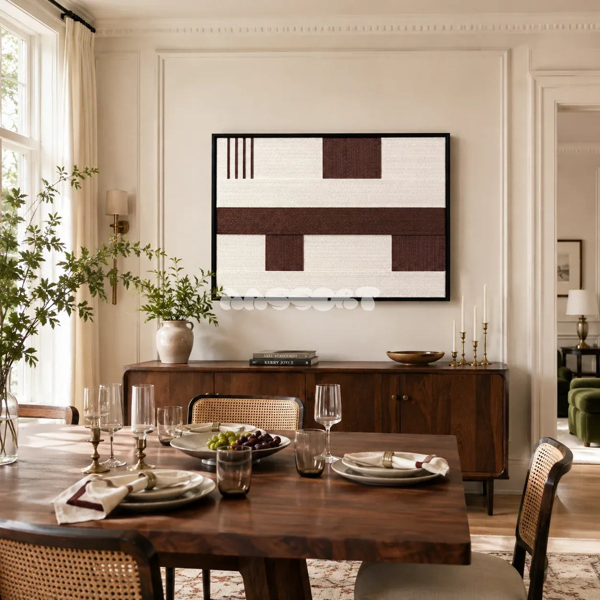 Cocoa Horizon RE032 brown and ivory textile wall art styled as a grounded architectural focal point in a contemporary room.