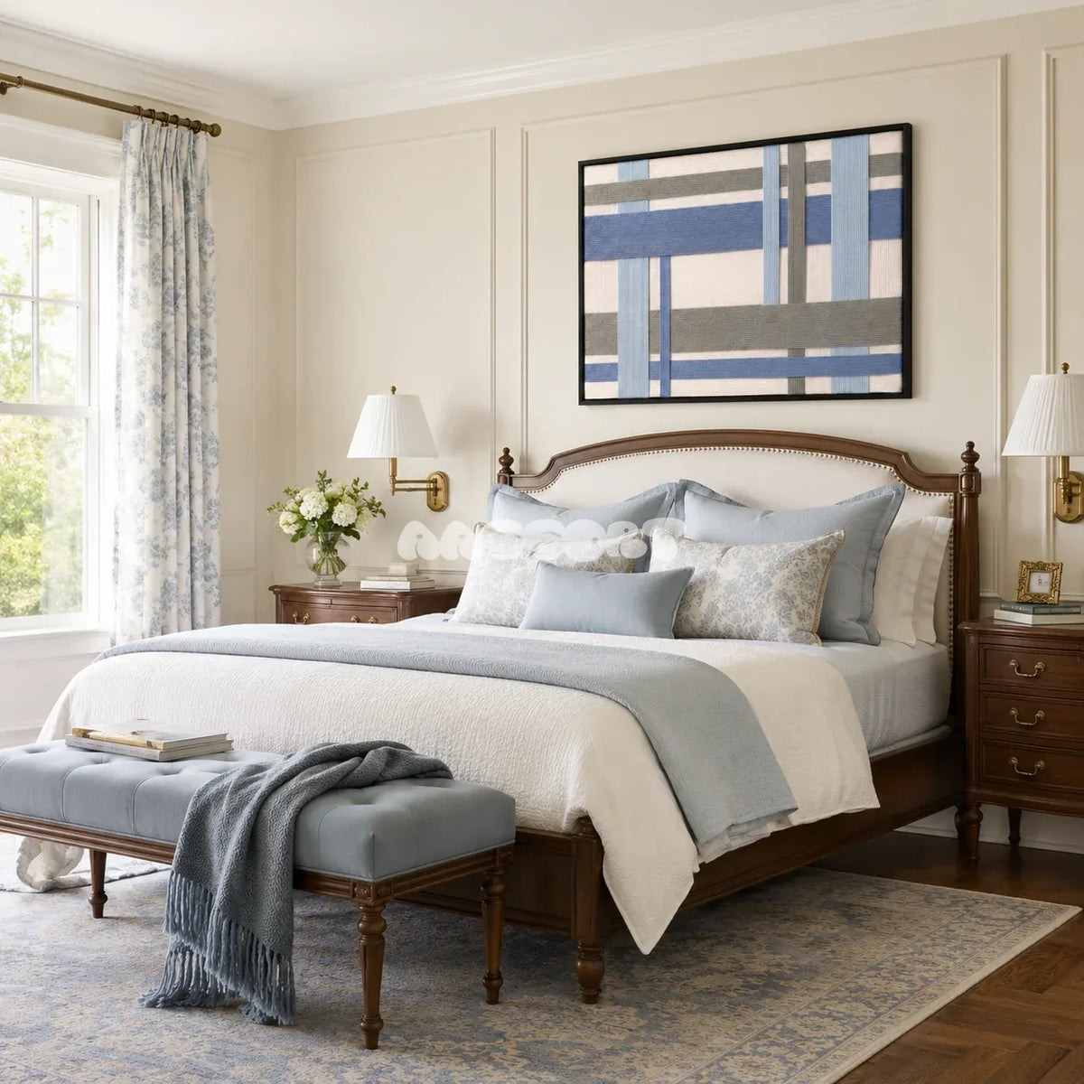 Slate Harbor RE033 blue-gray geometric textile wall art styled as a tranquil coastal focal point in a contemporary room.