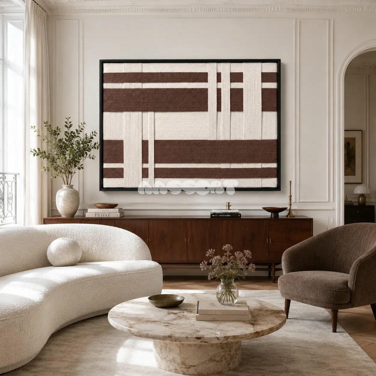 Earthen Bands RE034 framed textile art with warm ivory, cocoa brown, and cream geometric yarn displayed in a modern interior.