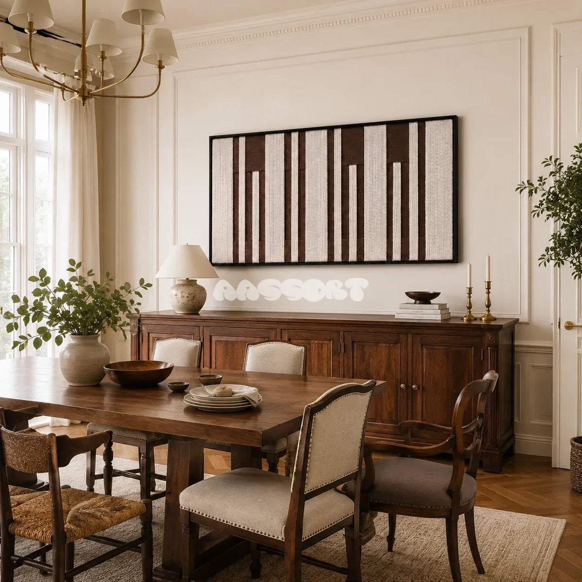 Cocoa Pillars RE035 framed fiber artwork featuring rhythmic cocoa and ivory vertical yarn columns in a modern interior.