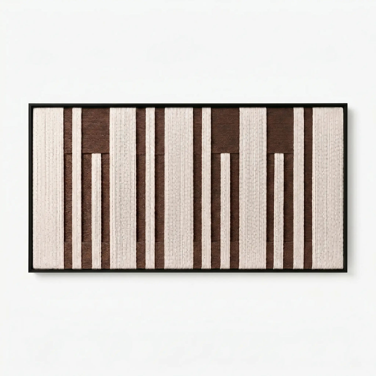 Front view of Cocoa Pillars RE035 brown and cream vertical textile wall art in a clean frame on a white background.
