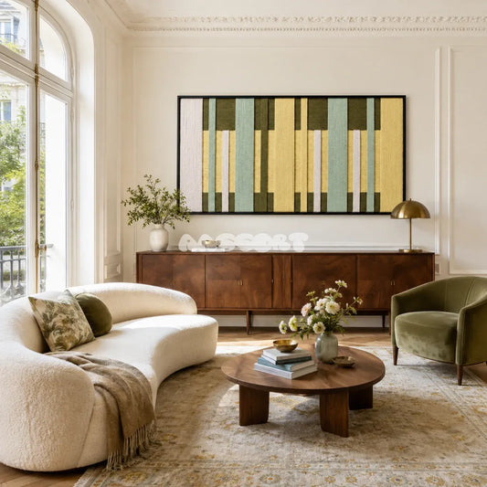 Garden Interval RE036 panoramic framed textile art with olive green, pale yellow, mint, and ivory vertical yarn bands displayed in a bright interior.