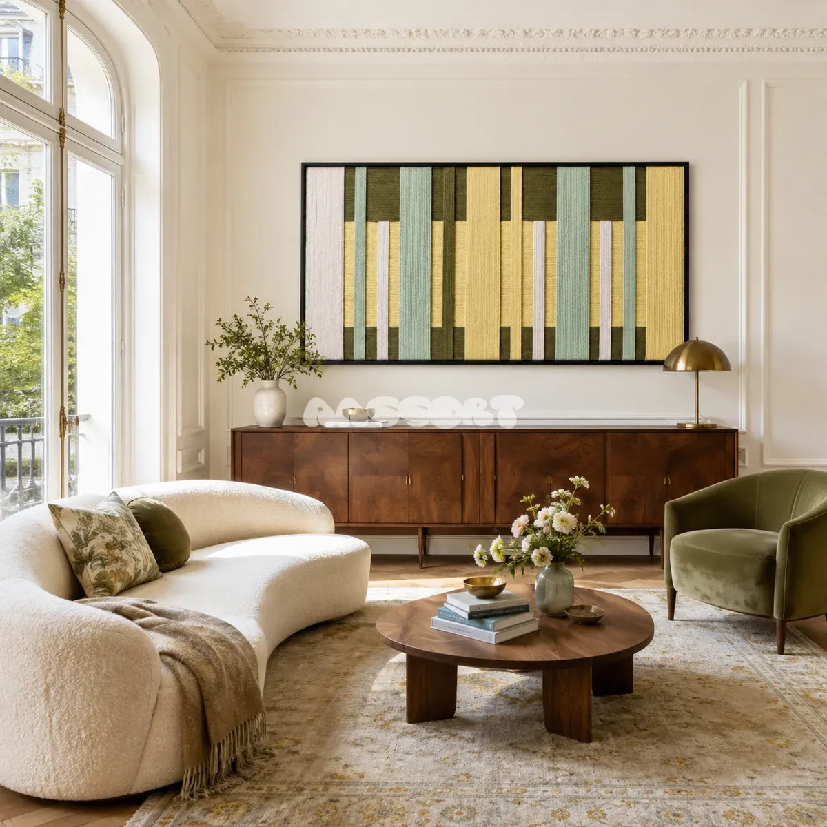 Garden Interval RE036 panoramic framed textile art with olive green, pale yellow, mint, and ivory vertical yarn bands displayed in a bright interior.