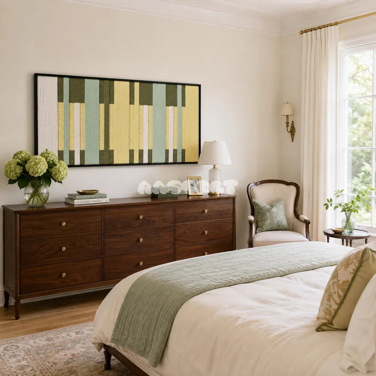 Garden Interval RE036 abstract panoramic textile artwork with colorful vertical rhythm presented in a stylish contemporary interior.