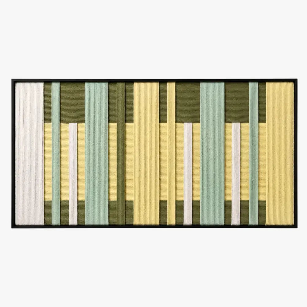 Front view of Garden Interval RE036 green and yellow geometric textile wall art in a black frame on a white background.