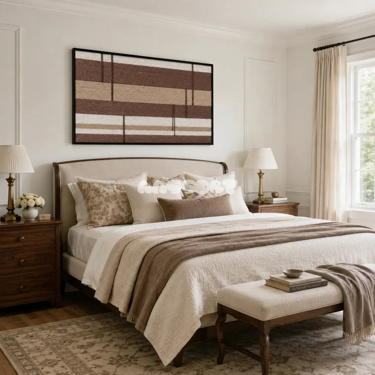 Framed Cocoa Strata woven wall hanging featuring layered cocoa and cream horizontal bands in a modern room.