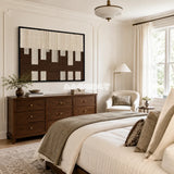 Ivory Loom soft cotton cord fiber art with cream and brown patterns displayed in a calm neutral interior.