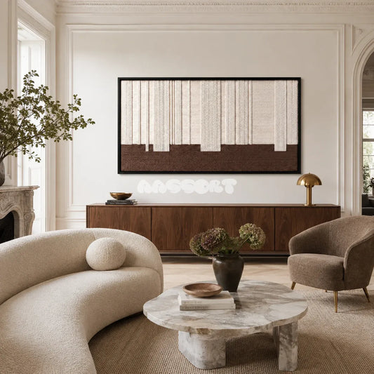 Ivory Rhythm cream and brown textile wall art displayed in a serene modern interior.