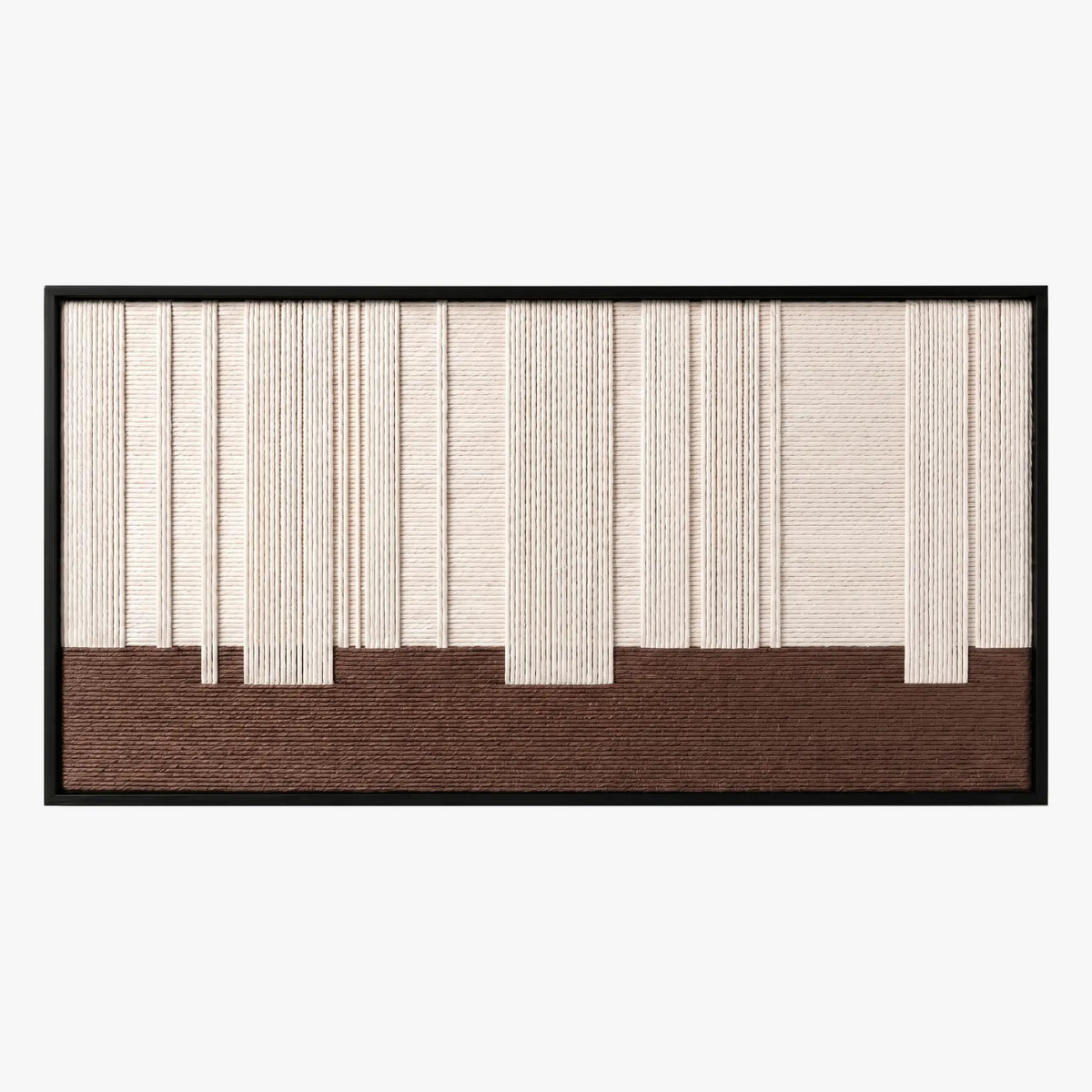 Front studio view of Ivory Rhythm textured wall art with cream vertical lines over a solid brown base in a black frame.