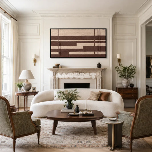 Cocoa Grid brown and cream textile wall art displayed in a warm modern interior.