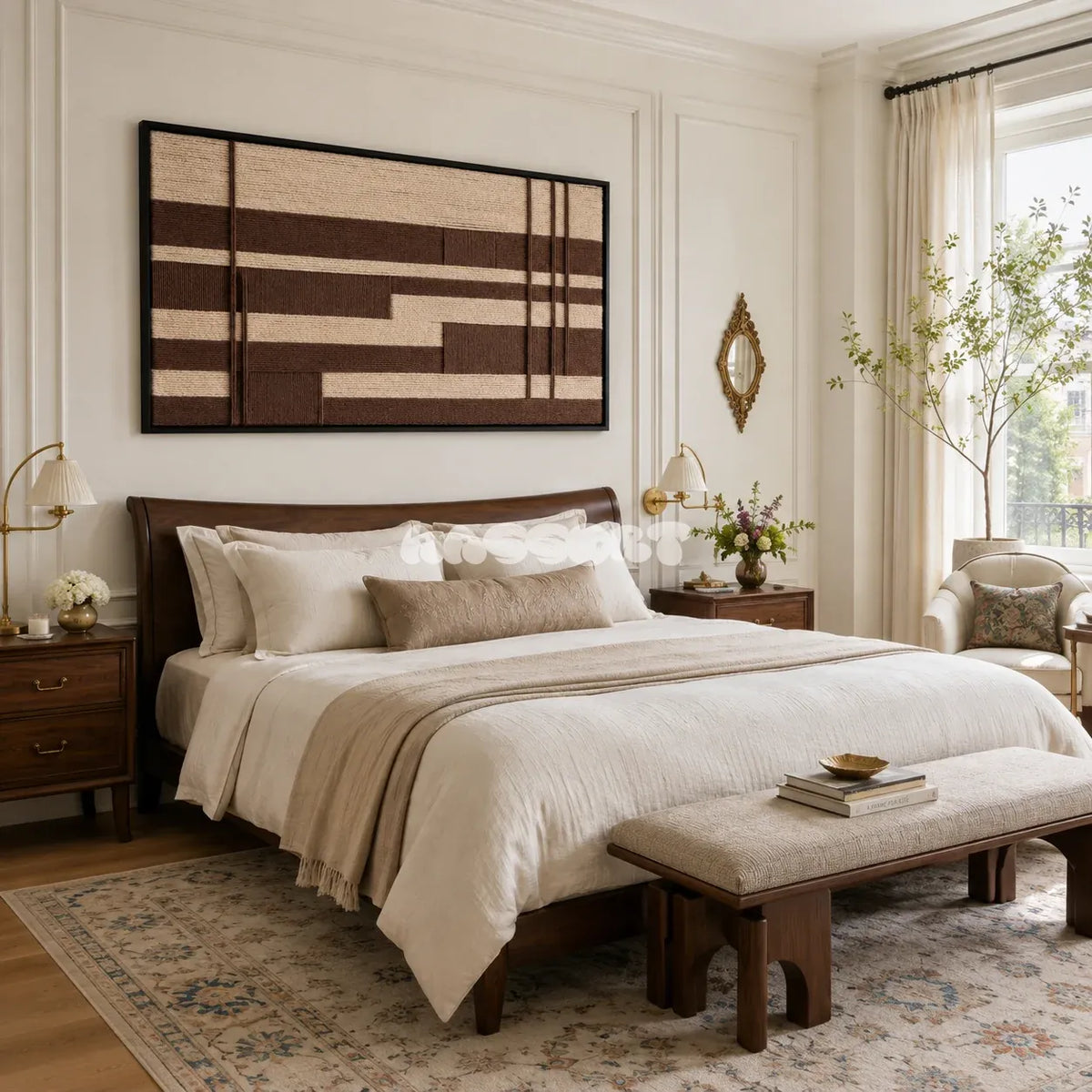 Cocoa Grid geometric fiber artwork styled as a grounded architectural focal point in a contemporary home.