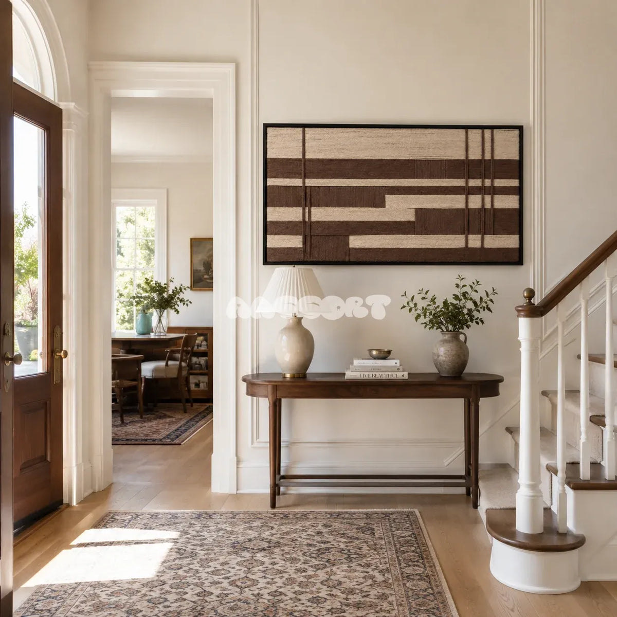 Cocoa Grid soft cotton cord fiber art with dimensional geometric lines displayed in a modern living space.