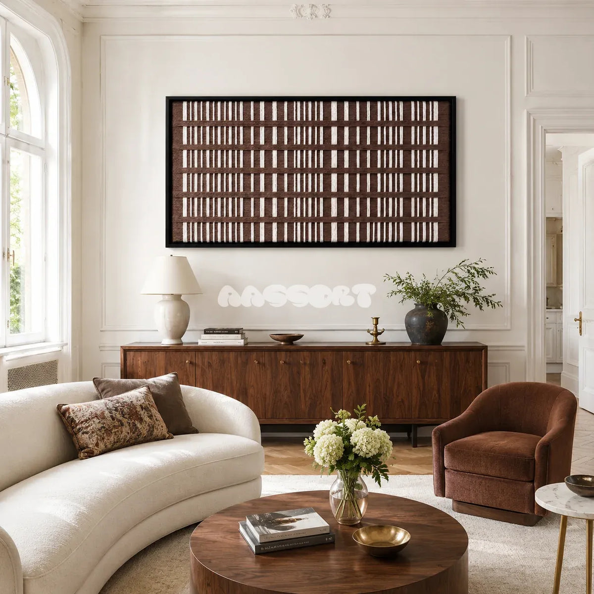 Cocoa Cadence brown and cream textile wall art displayed in a warm contemporary interior.