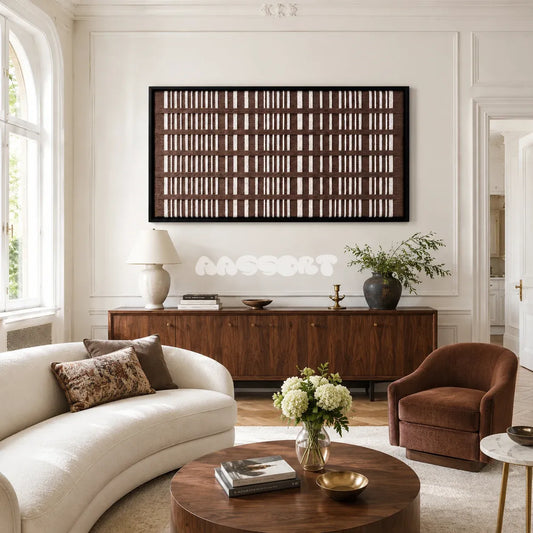 Cocoa Cadence brown and cream textile wall art displayed in a warm contemporary interior.
