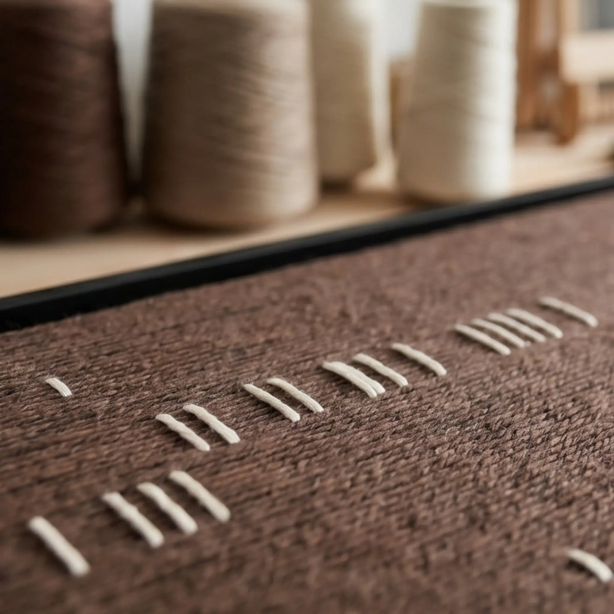 Angled detail of Cocoa Whispers textile art showing raised white yarn against a deep brown woven background.
