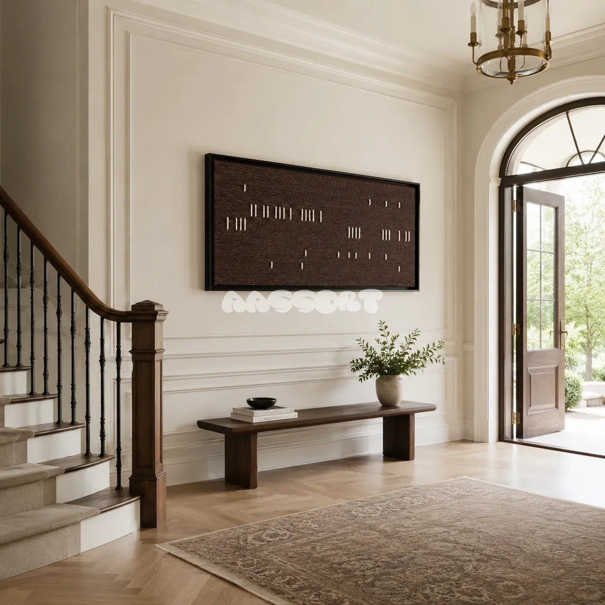 Framed Cocoa Whispers woven wall hanging with scattered ivory stitches in a warm neutral room.