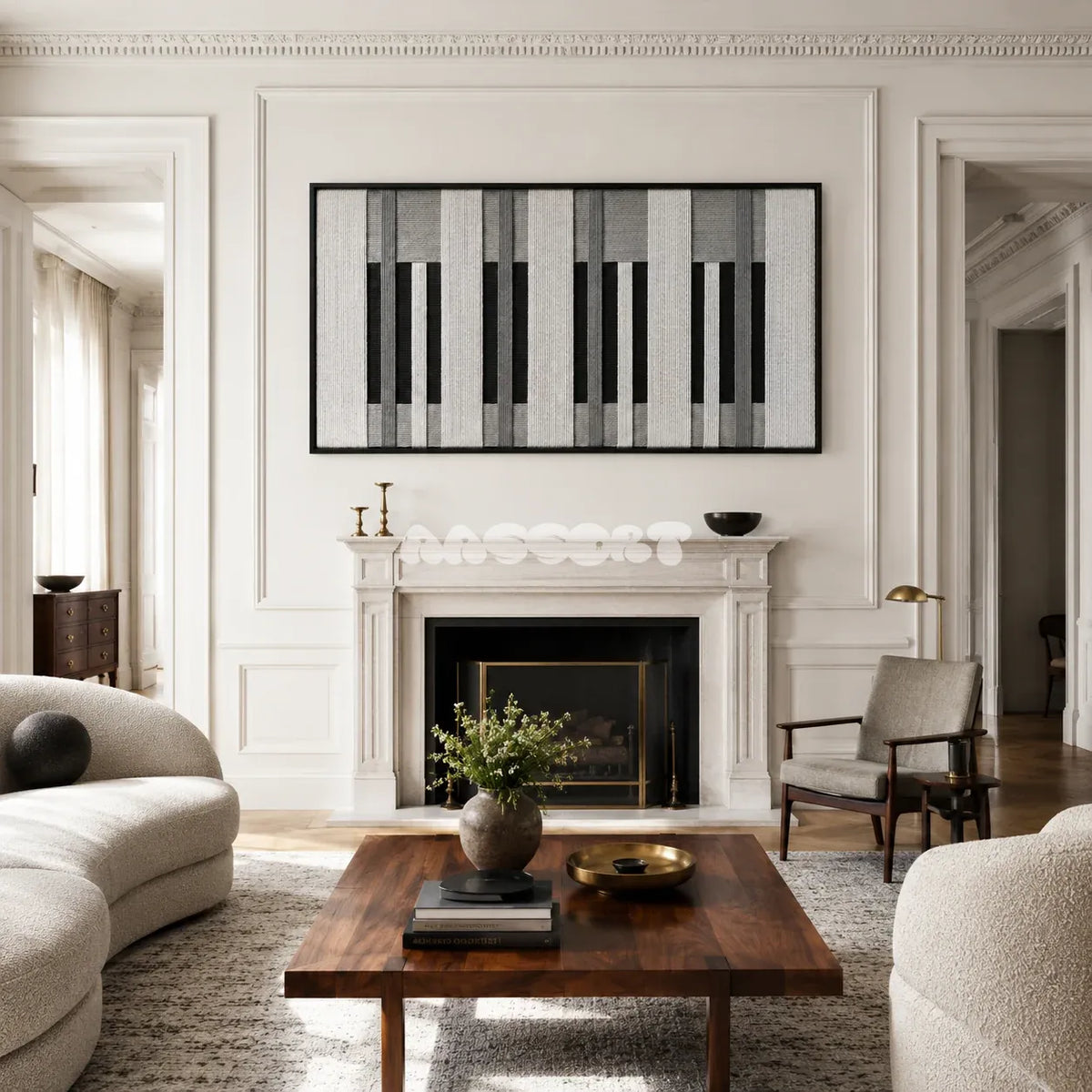 Monochrome Tempo black, white, and grey textile wall art displayed in a refined modern interior.