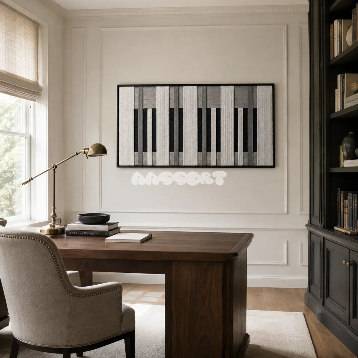Monochrome Tempo tactile yarn wall decor bringing crisp graphic structure to a neutral interior.