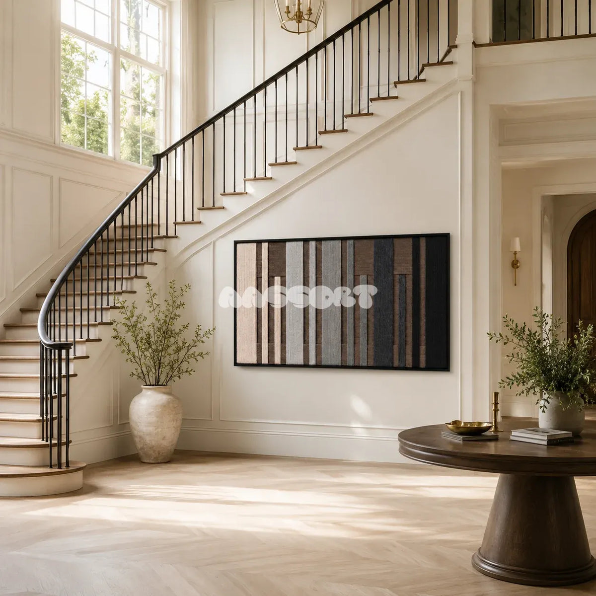 Umber Columns soft cotton cord fiber art with rhythmic vertical bands displayed in a quietly dramatic living space.