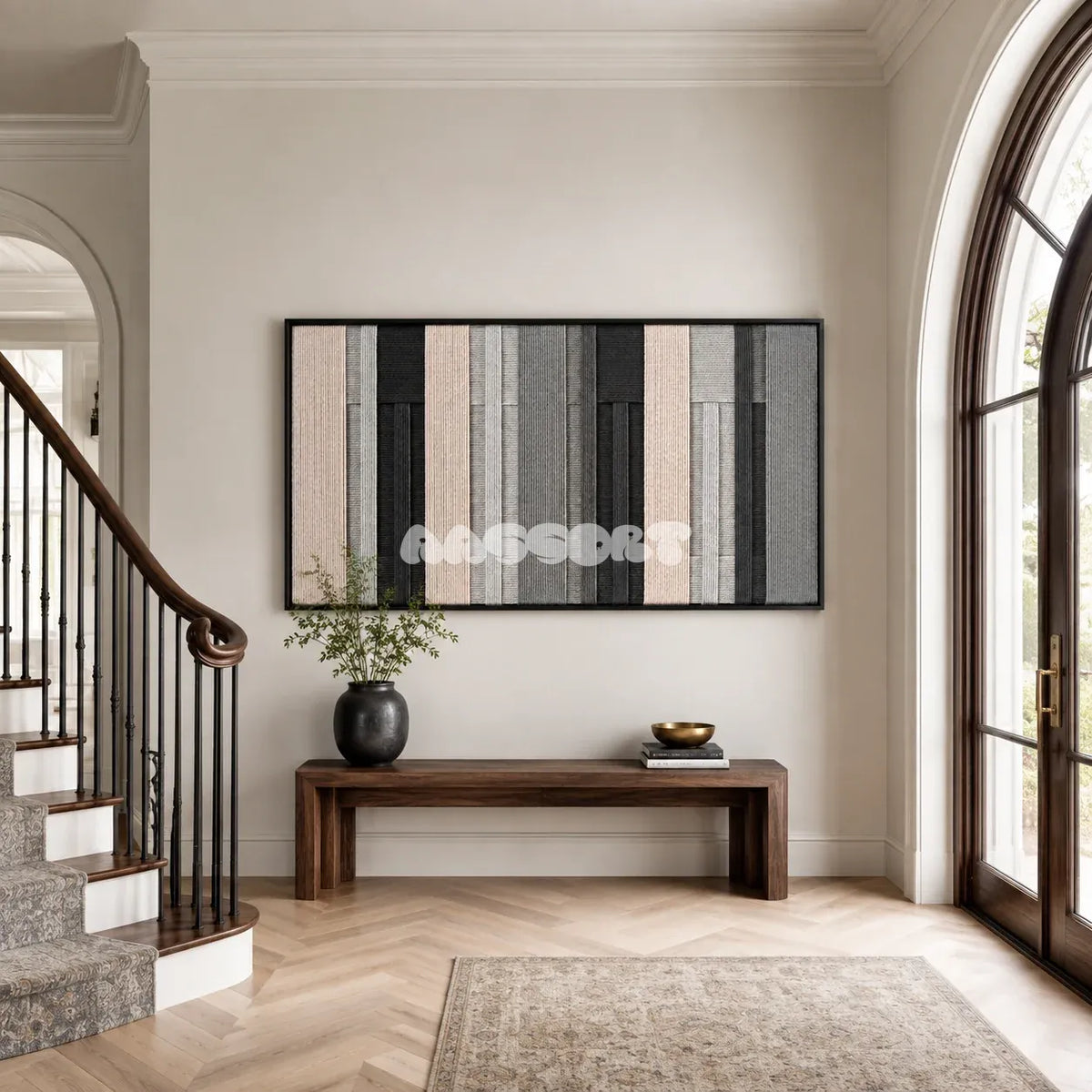 Ivory Structure cream, grey, and black textile wall art displayed in a polished modern interior.