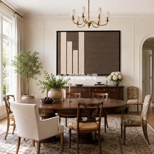 Silent Stelae cream and brown textile wall art displayed in a serene modern interior.