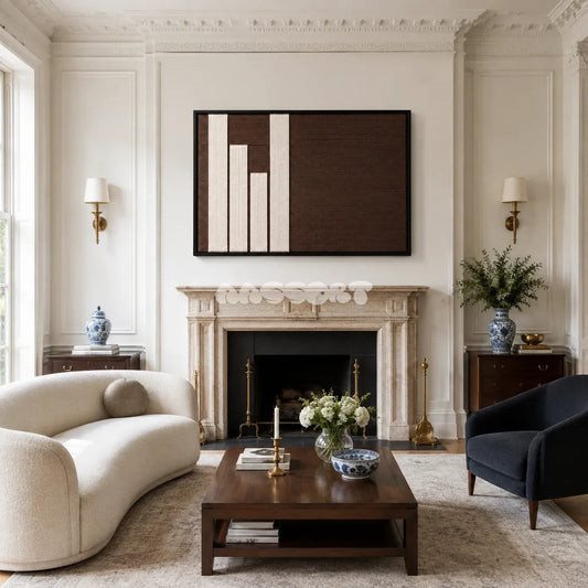 Timeless Trace cream and dark brown textile wall art displayed in a serene modern interior.