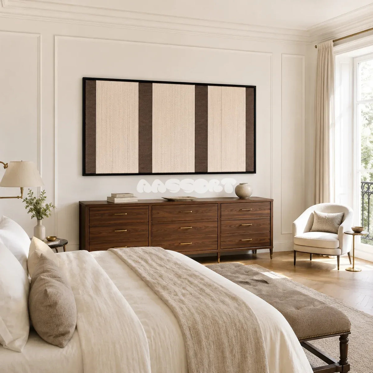 Eternal Colonnade tactile yarn wall decor bringing timeless structure and warm neutral tones to a modern interior.